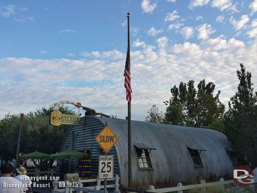 Entering Cars Land.  Sarges Flag is at Half Staff too.