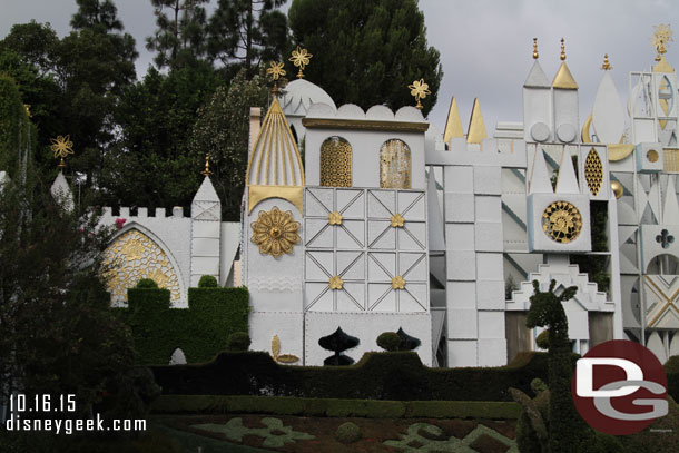 Lights are being installed on the Small World Facade for the Holidays.  They kick off in less than a month.