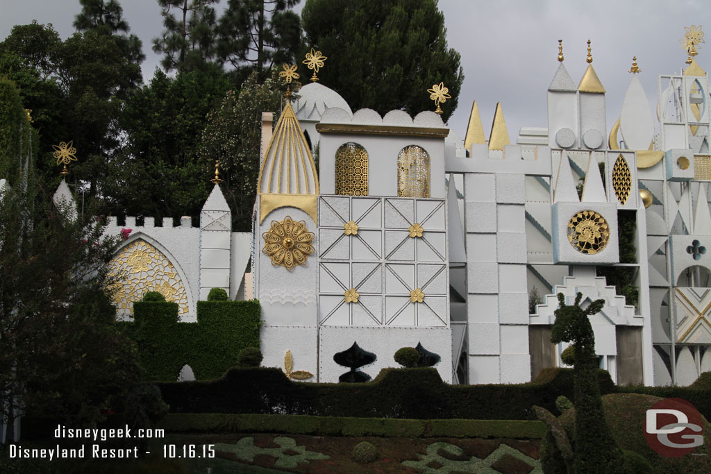 Lights are being installed on the Small World Facade for the Holidays.  They kick off in less than a month.