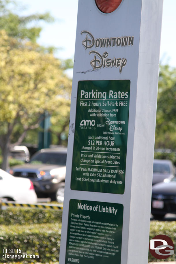 Downtown Disney changed the parking rules/rates recently.  You now get 2 hours free and an additional 2 with validation.  It is $12 an hour after that with a max of $36 for the day.