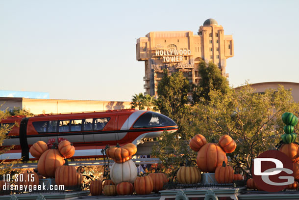 Monorail Orange passing by the front entrance as the sun was setting.