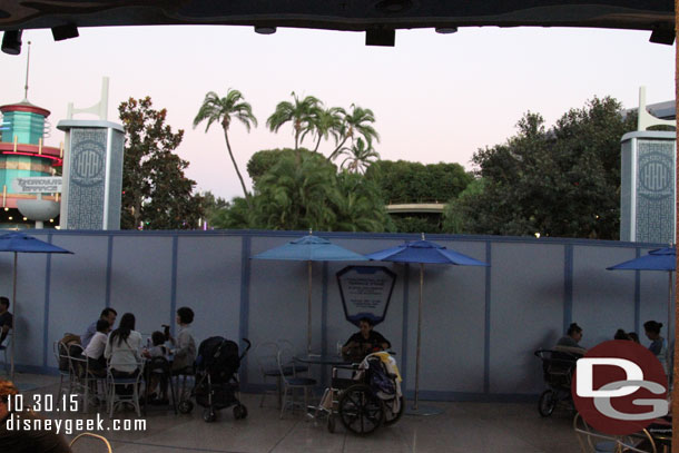 The stage area of Tomorrowland Terrace.  Looks like they moved the tables down to the dance floor for now.