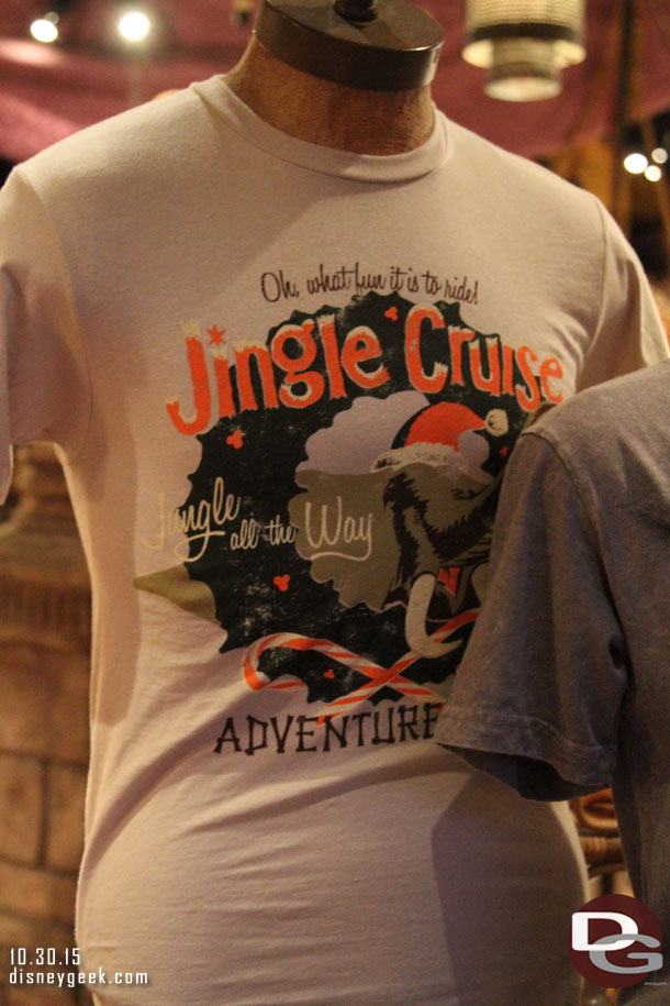 Jingle Cruise shirts are available in Adventureland. 