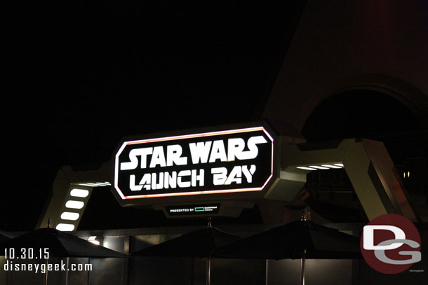 The Star Wars Launch Bay sign after dark.