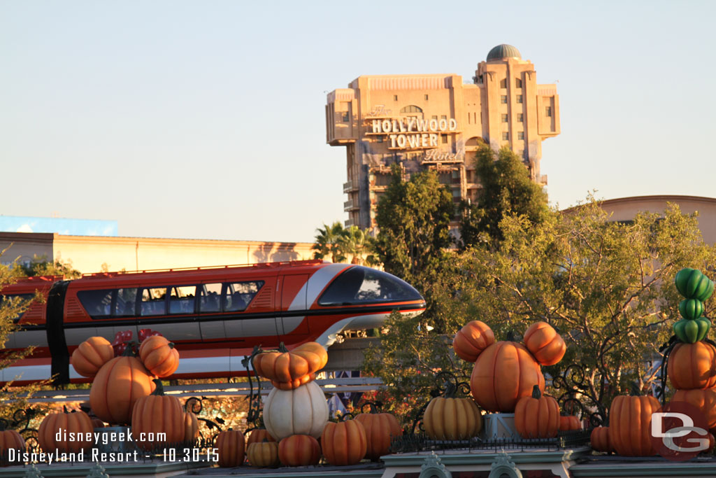 Monorail Orange passing by the front entrance as the sun was setting.