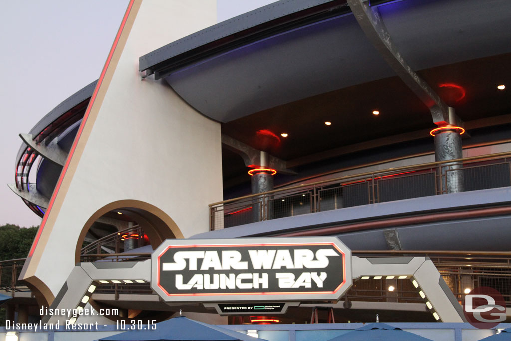 The Star Wars Launch Bay sign was lit up this evening.