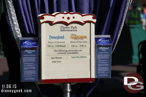 Three popular attractions closed on Friday.  Soarin and Jungle Cruise open the 13th and Space Mountain on the 16th.