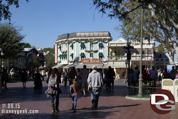 Stepping into Town Square the buildings are decorated.