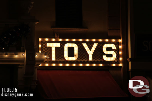 A closer look at the Toys sign to show the lights that are out.