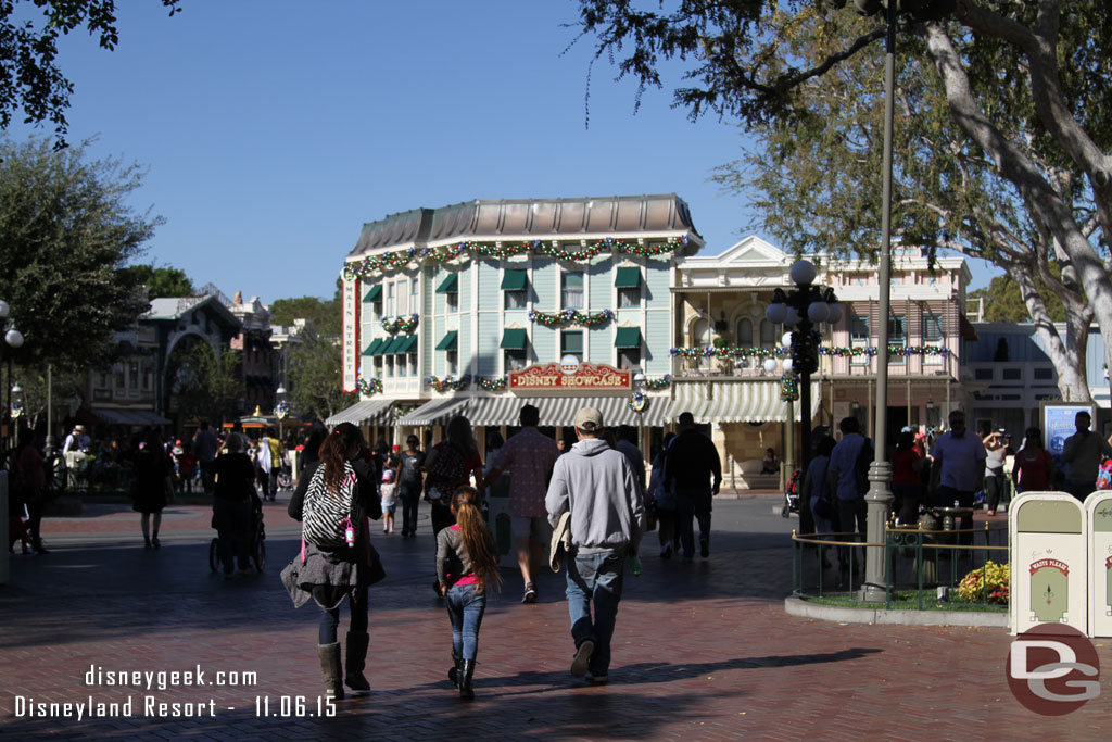 Stepping into Town Square the buildings are decorated.