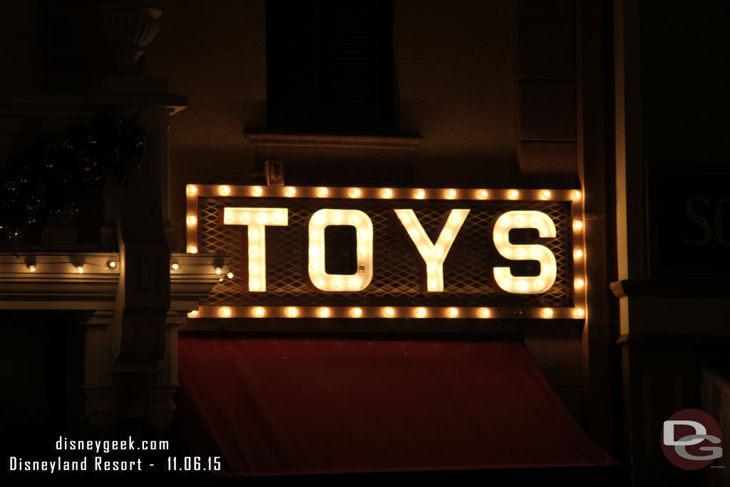 A closer look at the Toys sign to show the lights that are out.