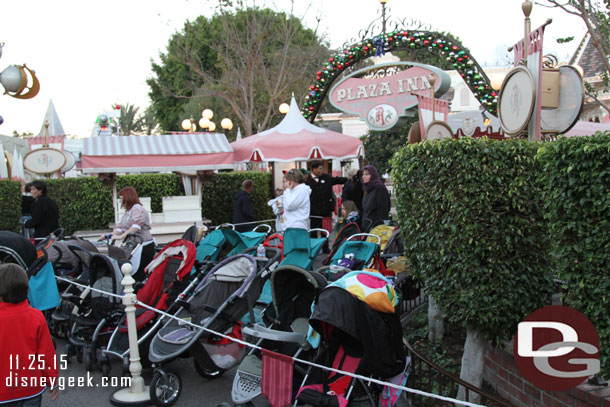 Most of the entrance to the Plaza Inn has become stroller parking.  Only the small walkway behind the cart was open to enter/exit.