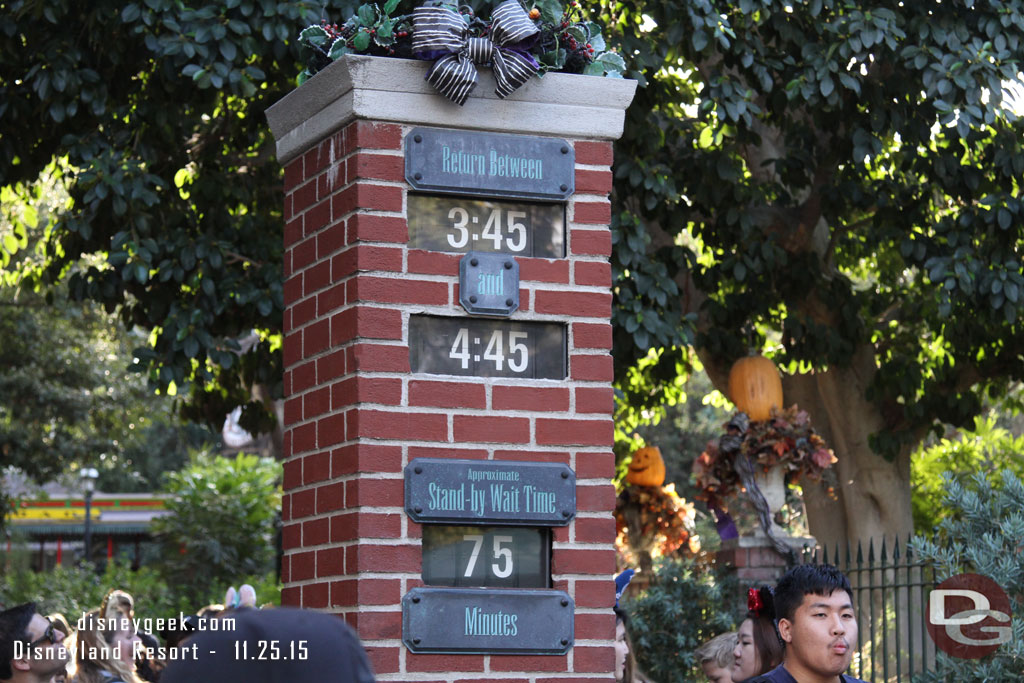 Haunted Mansion as of 2:35pm.  Actually 5 minutes faster if you use FastPass vs Standby.