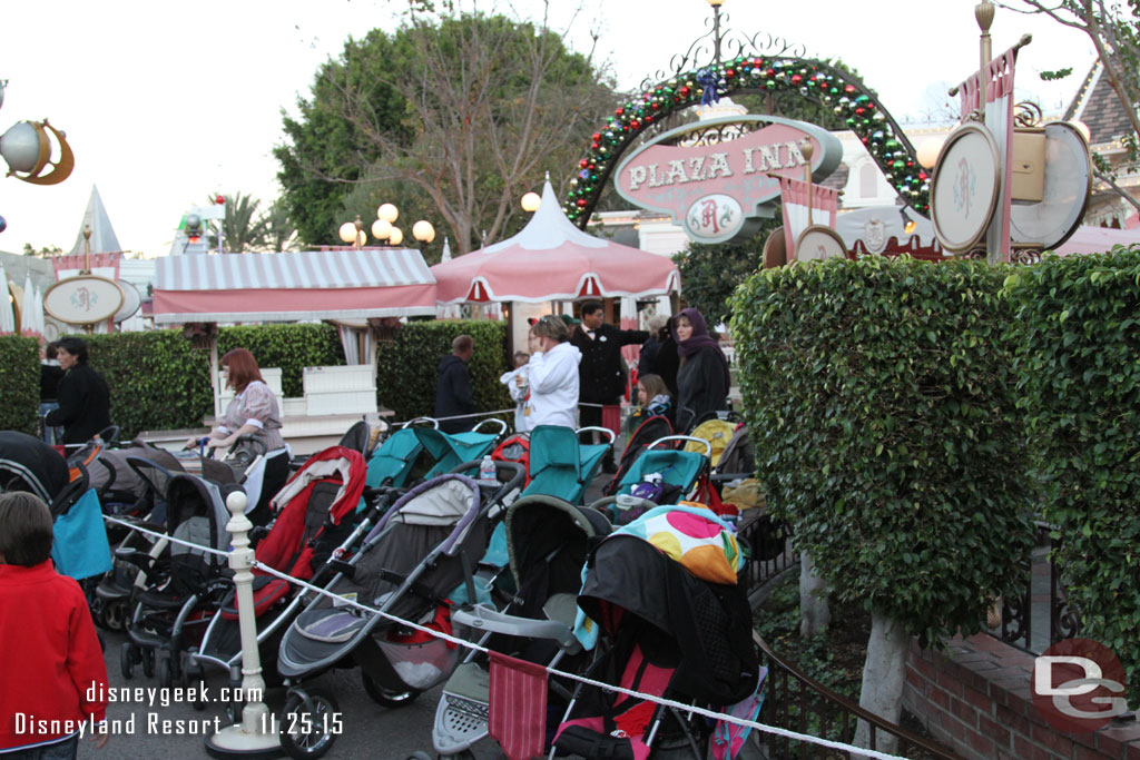 Most of the entrance to the Plaza Inn has become stroller parking.  Only the small walkway behind the cart was open to enter/exit.