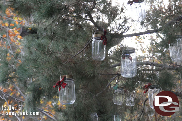 Glass containers hanging in several of the trees.  Too bad they do not light up at night..  