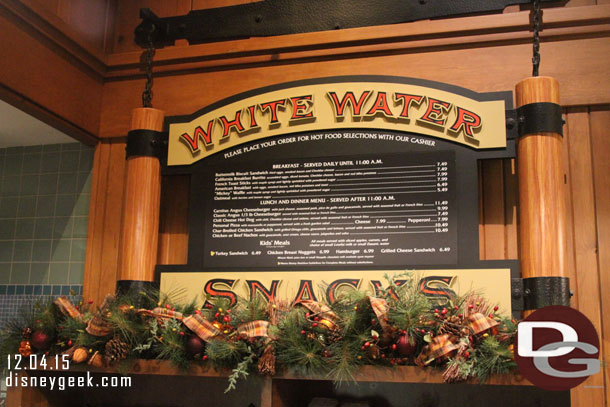 Ate dinner at White Water Snacks this evening.  Some Christmas decorations up near the menu.