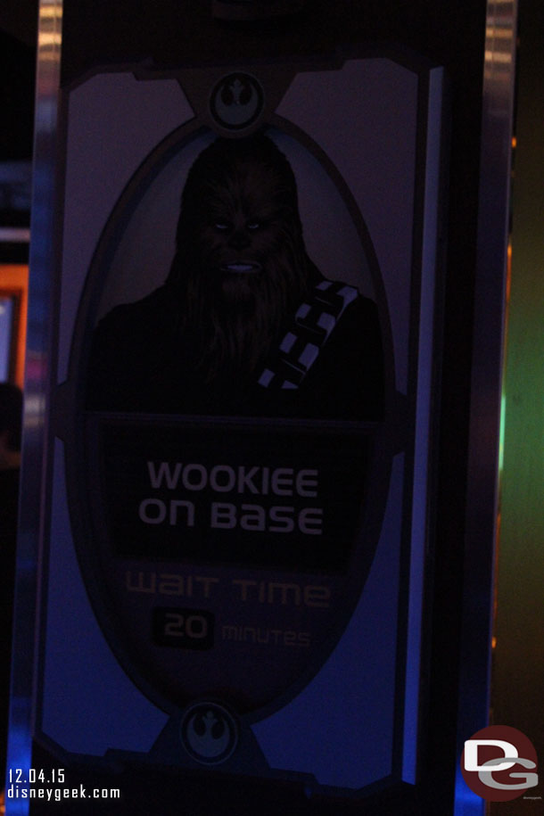 The lines have gone down a bit.  Posted 20 minutes for Chewbacca, they moved this to 30 as I was there.