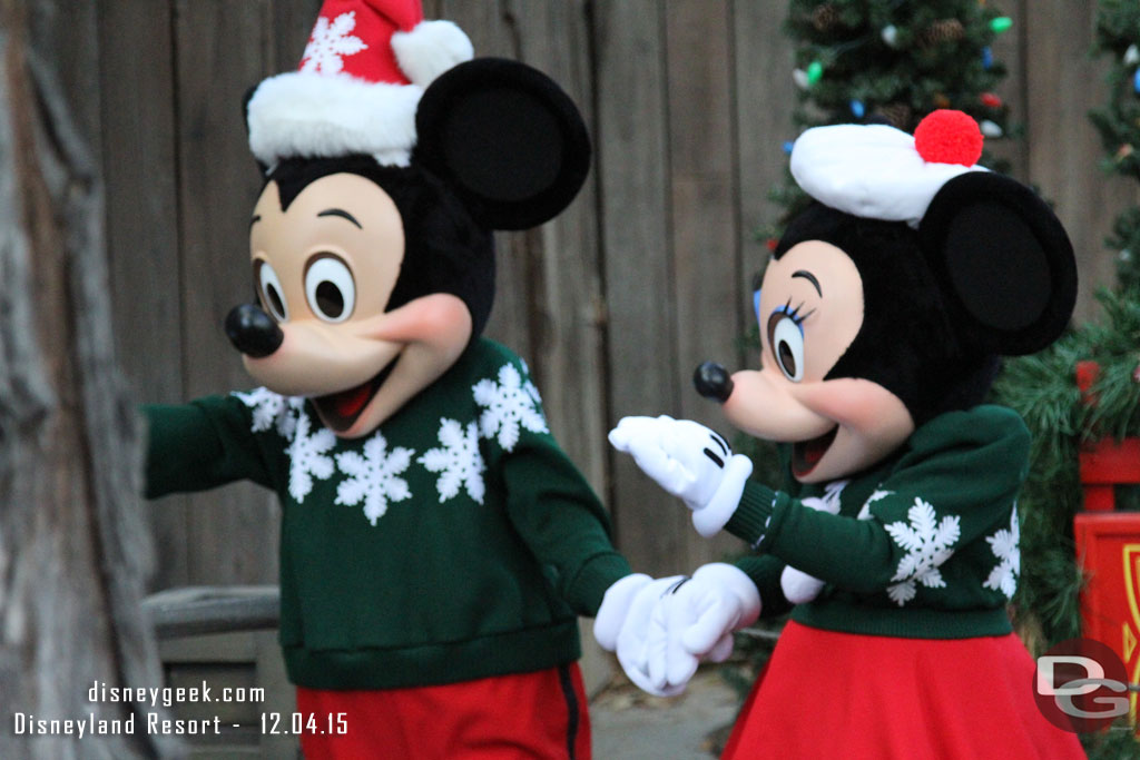 Mickey and Minnie were out on the Big Thunder Trail in their Christmas outfits.