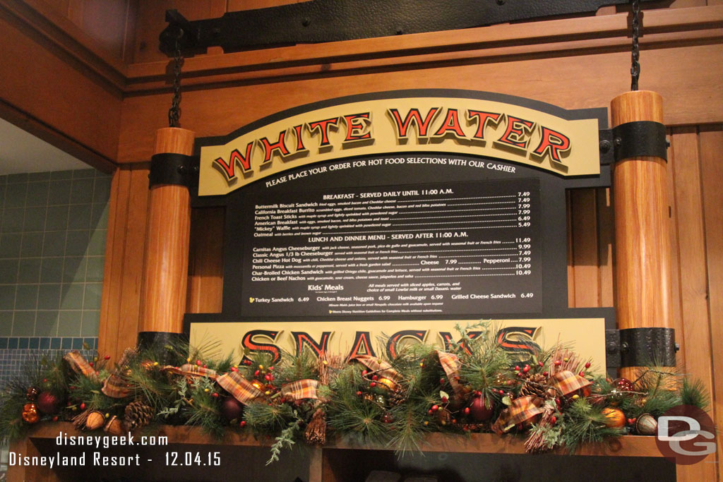 Ate dinner at White Water Snacks this evening.  Some Christmas decorations up near the menu.