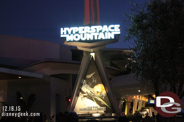 The stand by wait was pushing 2 hours for Hyperspace Mountain.  By far the longest wait in the park tonight.