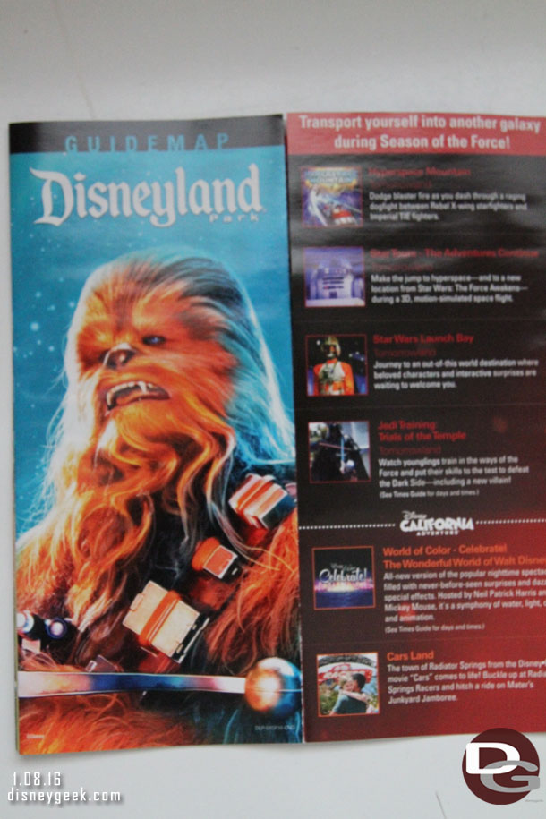 The Disneyland park maps feature Season of the Force on the Cover