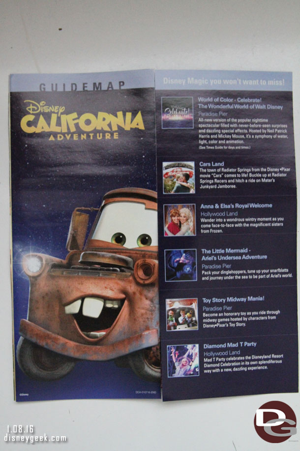 Back to Disney California Adventure.  The current park map features Mater.