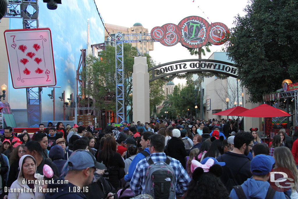 The view from the House of Cards.  The line wrapped around the area and the end was by the air hockey tables.  Cast Members were saying this is the 6:20 standby and they did not think most of them would get in.