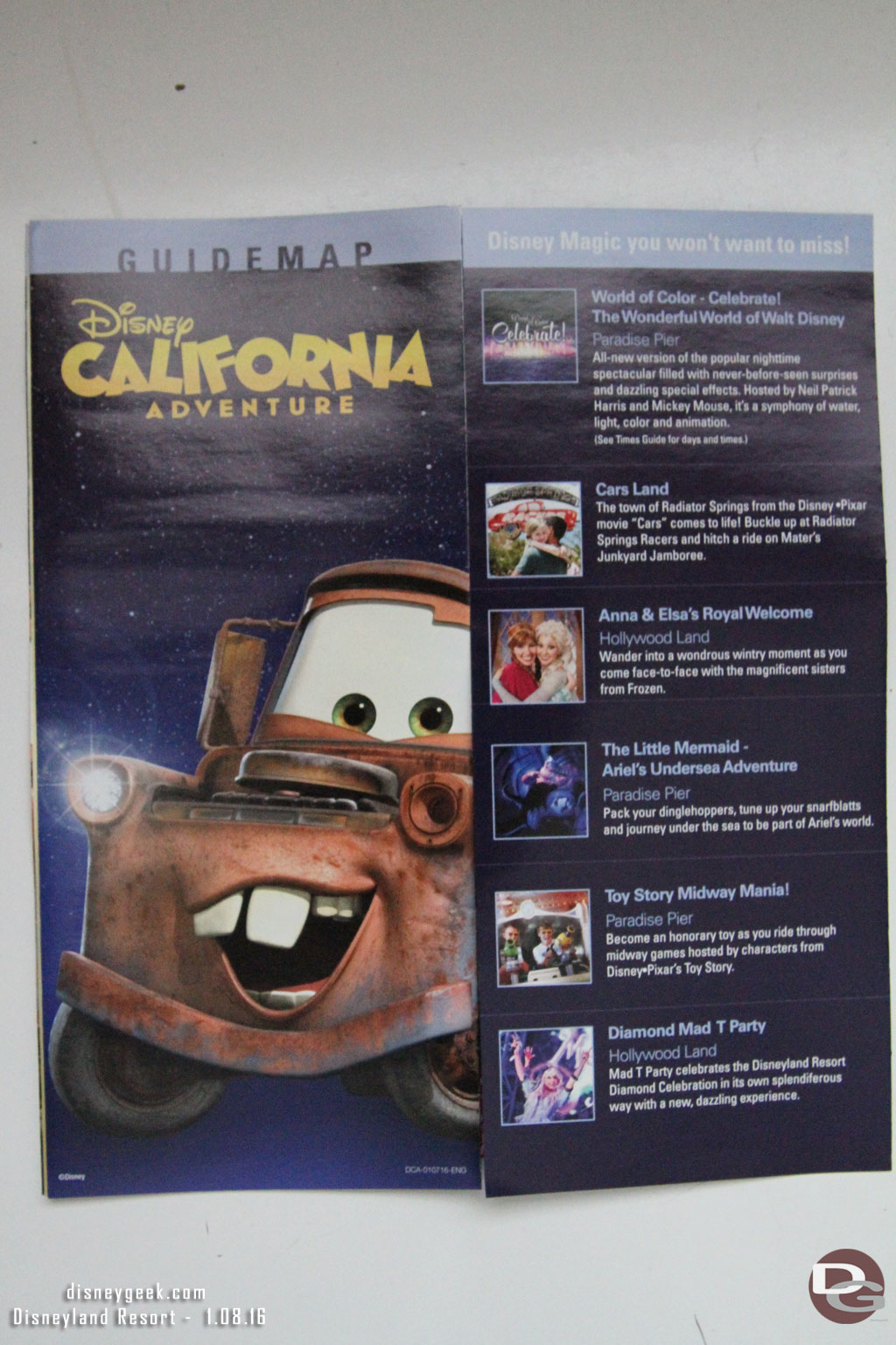 Back to Disney California Adventure.  The current park map features Mater.