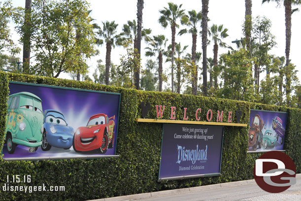 The billboards at the tram stop feature the cars characters.  no slogans.. really surprised no Cars Land logo on it.. just characters.