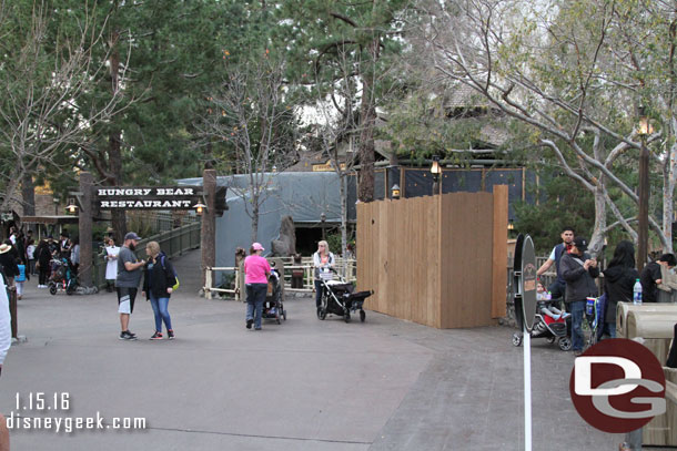 Walls and mesh are up at the Hungry Bear.  It is open for business. This is all to hide the upcoming river work.