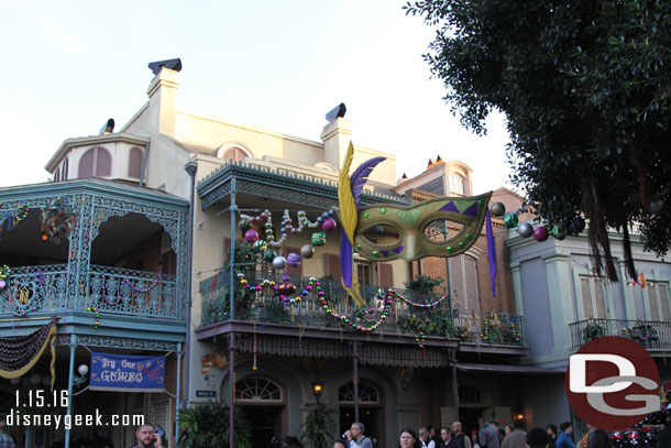 Mardi Gras decorations in New Orleans Square (or left over Christmas)