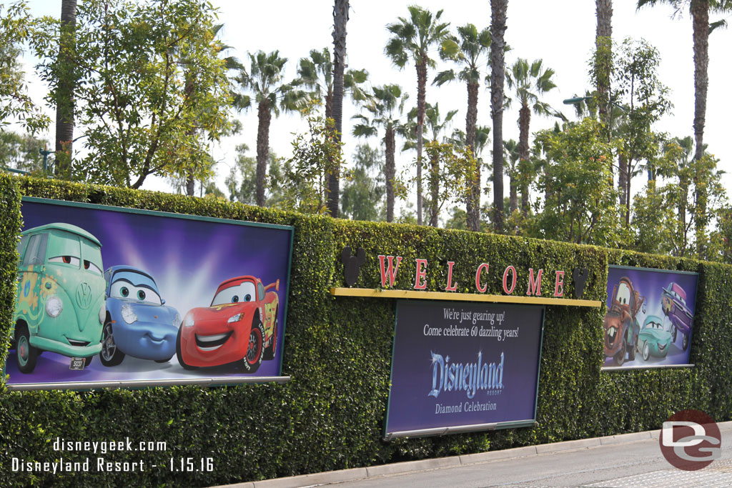 The billboards at the tram stop feature the cars characters.  no slogans.. really surprised no Cars Land logo on it.. just characters.