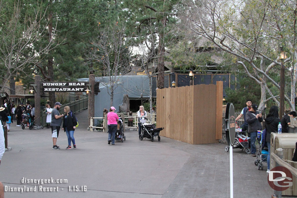 Walls and mesh are up at the Hungry Bear.  It is open for business. This is all to hide the upcoming river work.