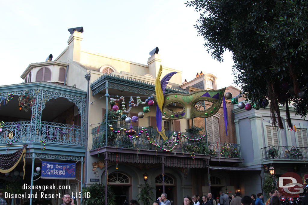 Mardi Gras decorations in New Orleans Square (or left over Christmas)