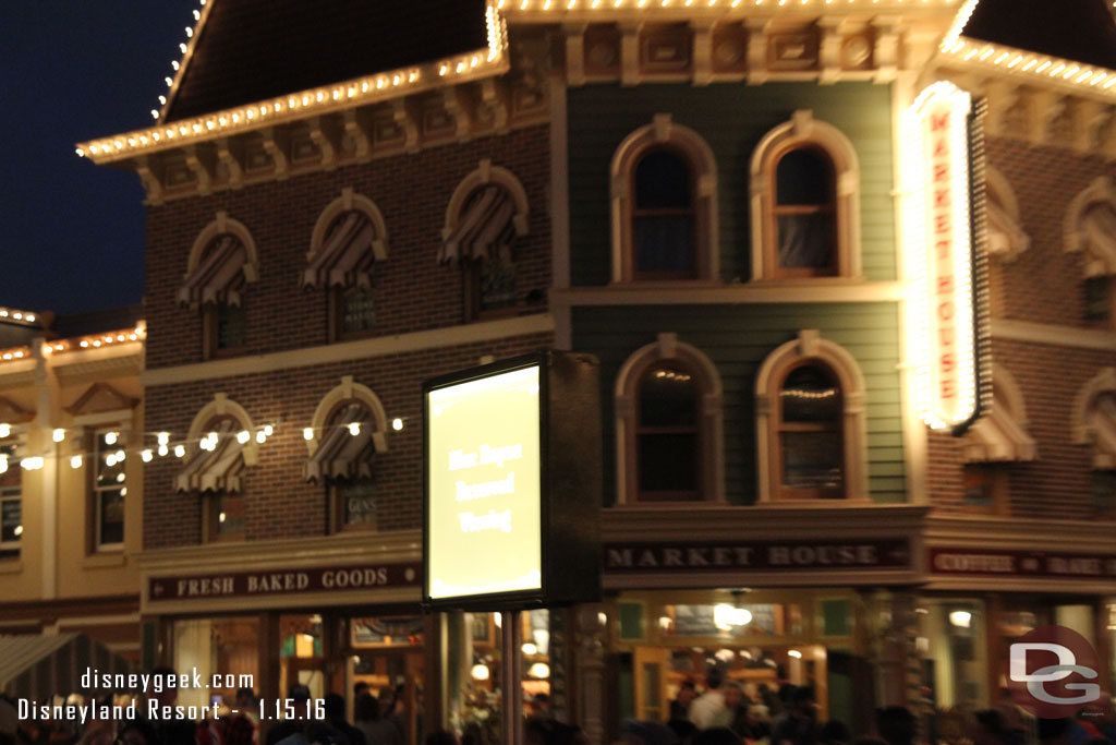 At center street this sign for Blue Bayou Reserved Viewing.