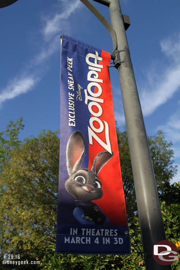 Zootopia has moved into the Bugs Theater. Some banners on the parade route in the area.