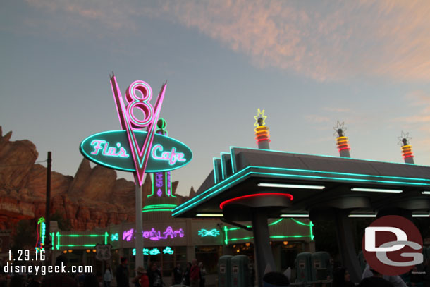 As I was heading back up Route 66 the lights came on for the evening.  Always a great time to be in Cars Land.