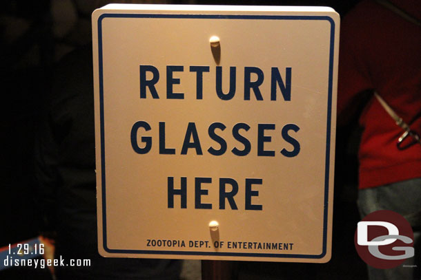 The signage to return your 3D glasses updated for Zootopia.