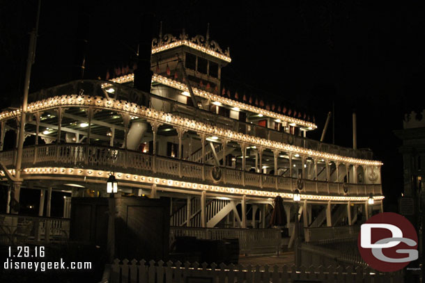 The Mark Twain is lit up at night but closed.