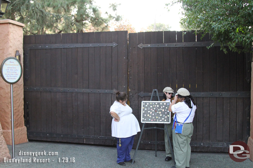 Several cast members were out with a pin board in front of the gate.