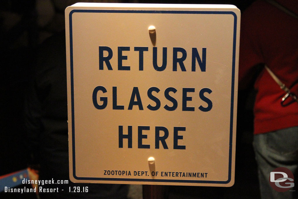 The signage to return your 3D glasses updated for Zootopia.