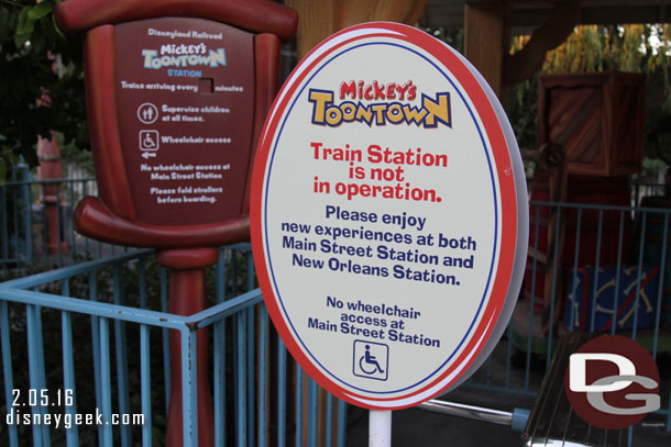 I had not hiked out to the Toontown Train Station.  Here is its closed sign directing you to the two stations that have the trains on display.