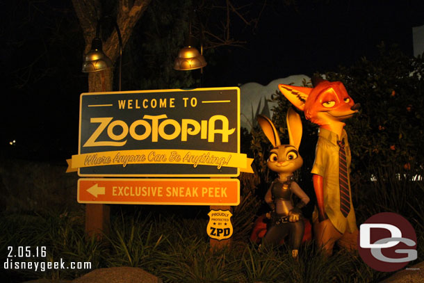 Back to DCA.  The Zootopia preview sign at night.