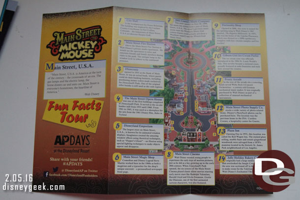 One side of the fun facts handout featured Main Street USA.