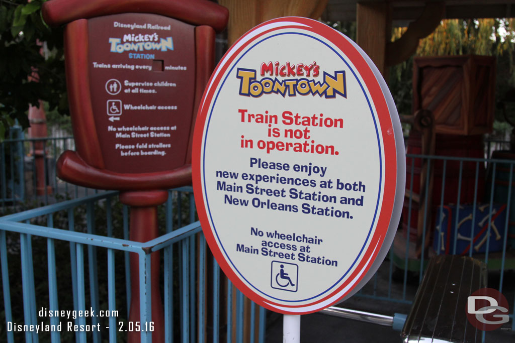 I had not hiked out to the Toontown Train Station.  Here is its closed sign directing you to the two stations that have the trains on display.