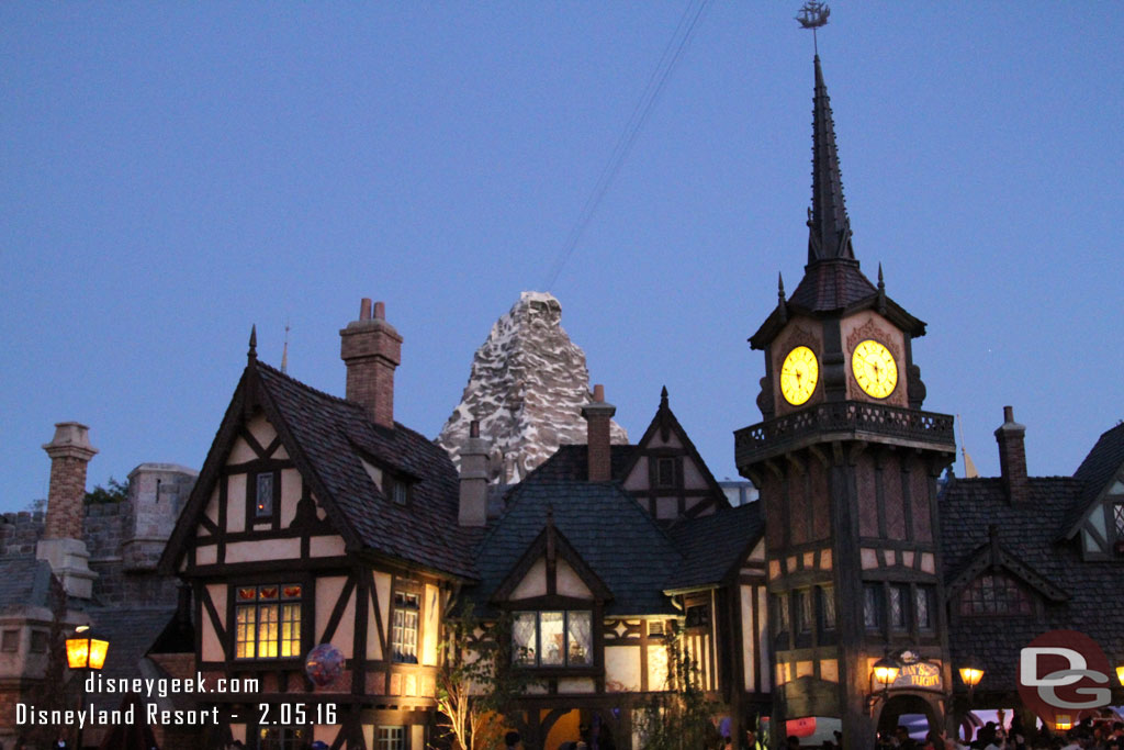 Walking through Fantasyland as the sun set.