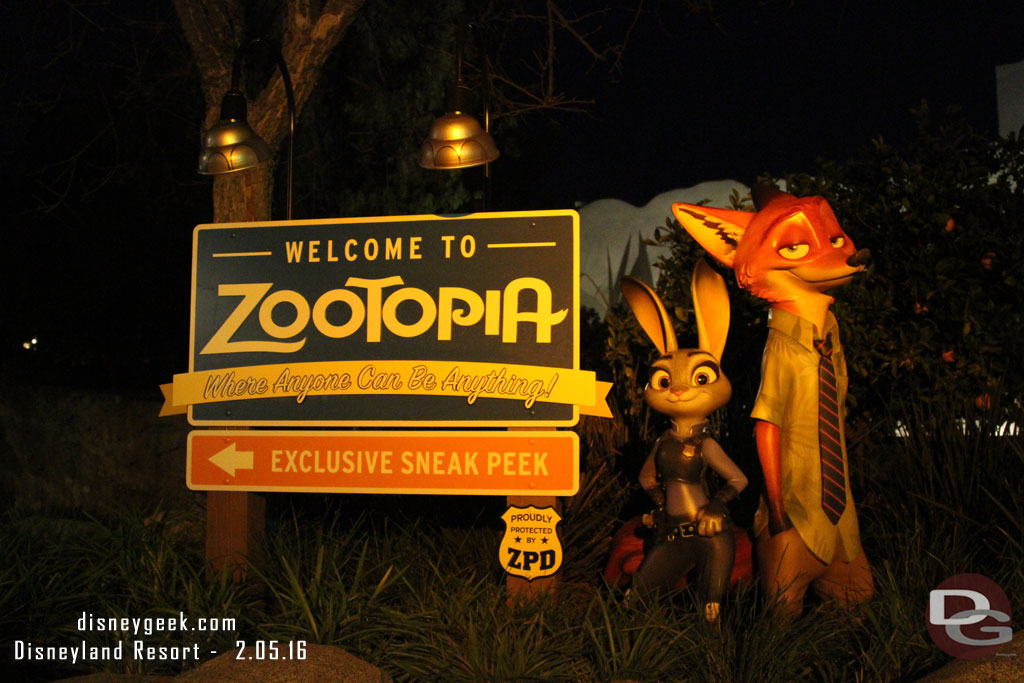 Back to DCA.  The Zootopia preview sign at night.