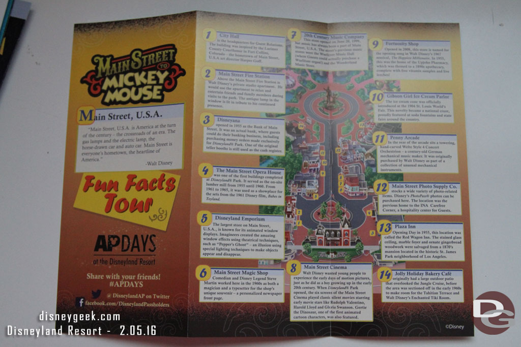 One side of the fun facts handout featured Main Street USA.