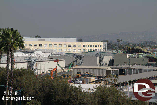 A look backstage reveal no real visible progress from this angle.  Looks like more equipment parked in the former Circle D Ranch area.