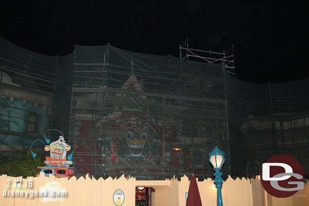 Out in Toontown scaffolding has gone up around the perimeter of the Downtown area.  (Had to take some flash pictures since it was rather dark).